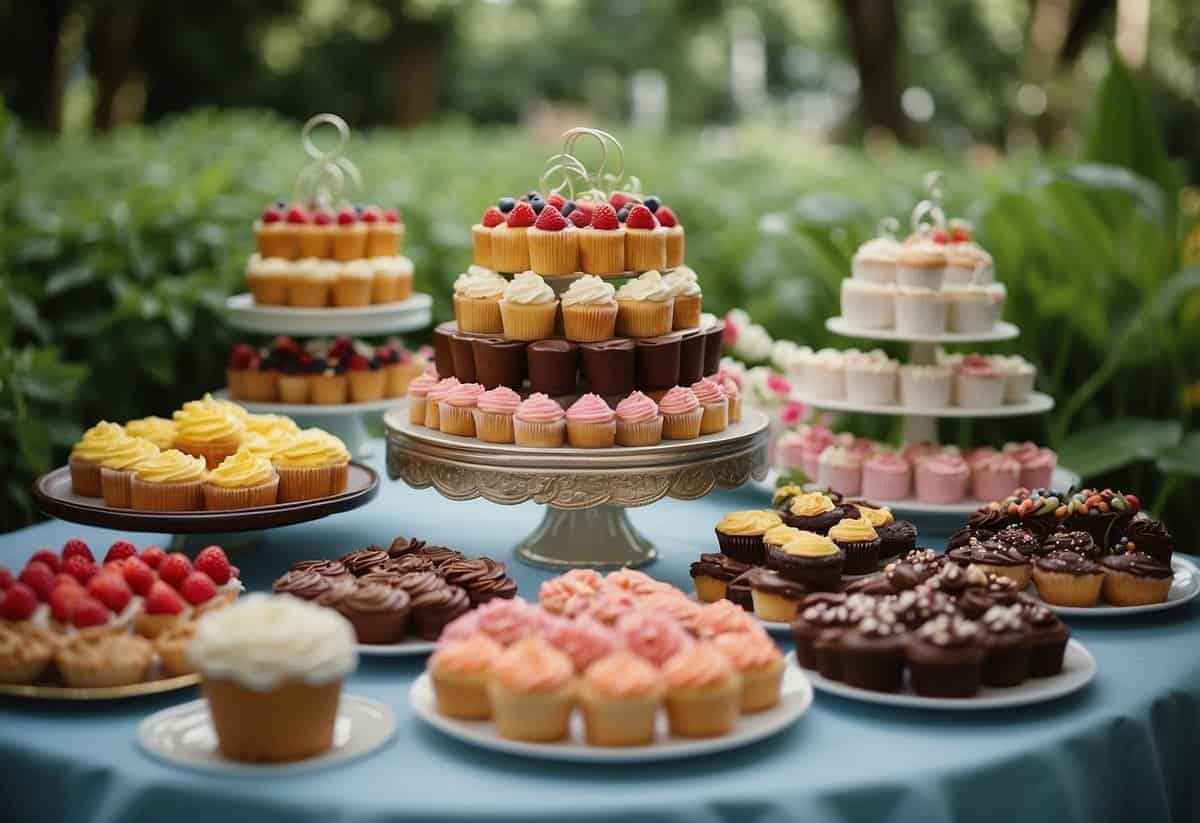 A colorful dessert table with a variety of cakes, cupcakes, and sweets, surrounded by lush greenery and vibrant flowers in a garden setting