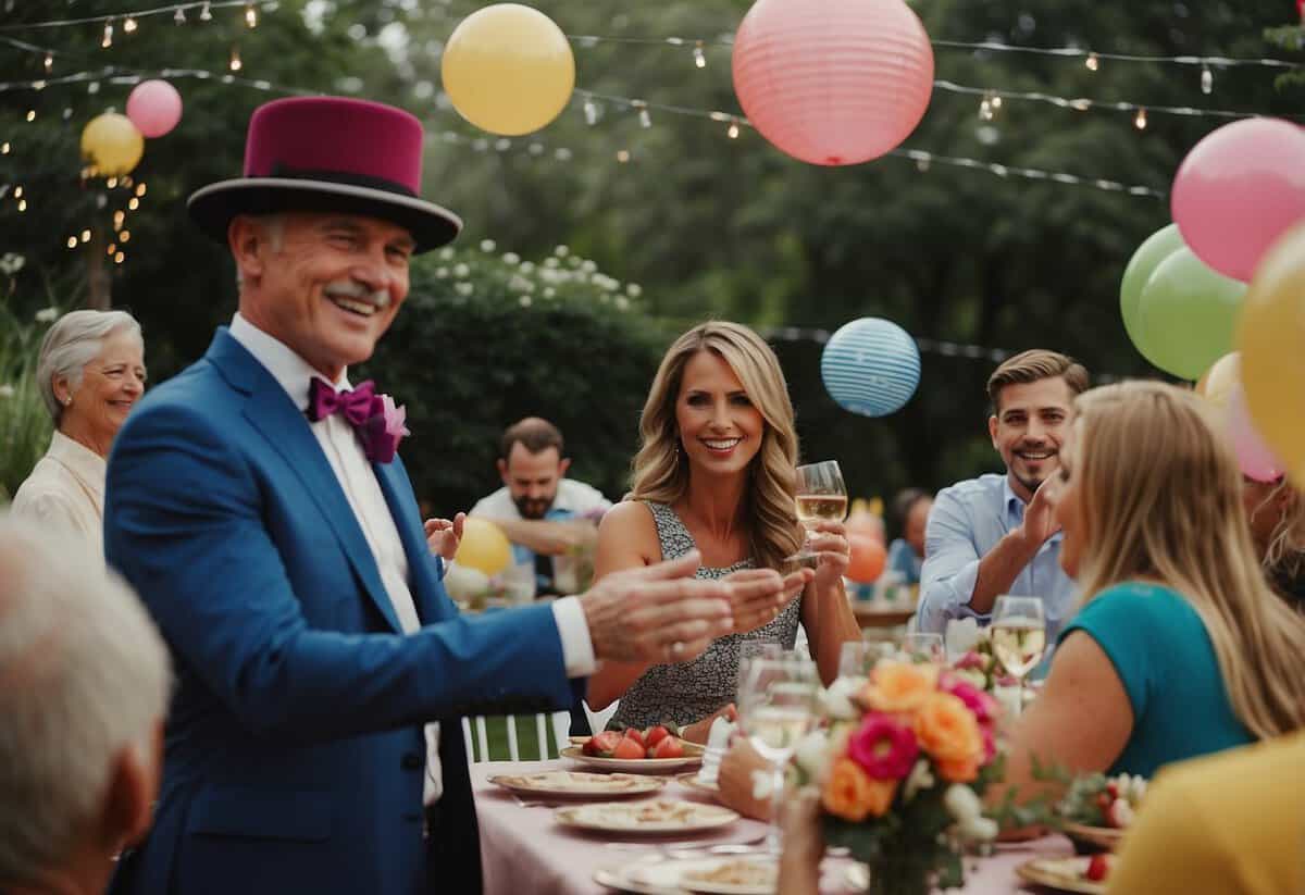 A magician entertains guests at a 50th birthday garden party with colorful tricks and illusions. Tables are adorned with elegant centerpieces, and guests mingle in the lush outdoor setting