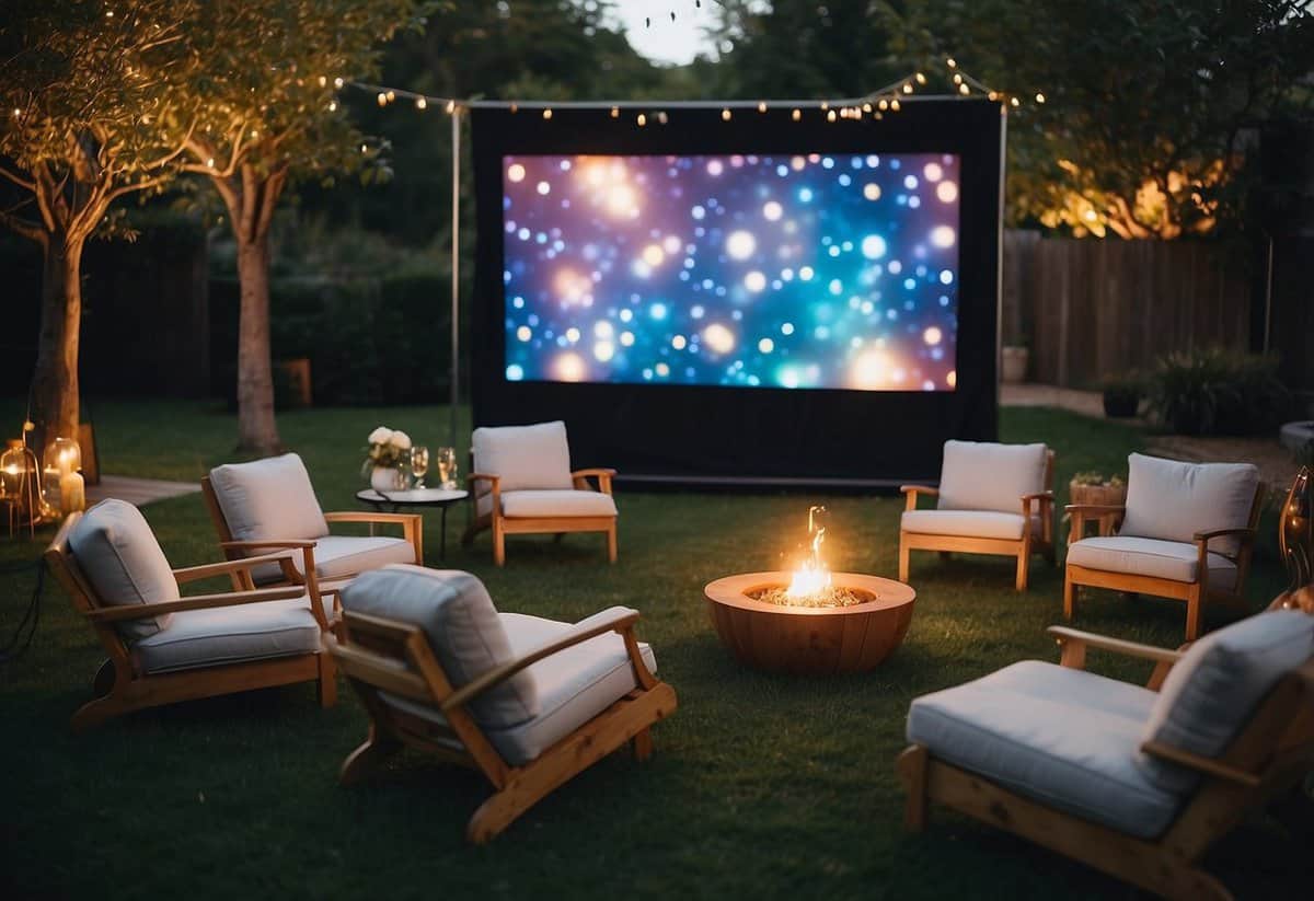 A large outdoor movie screen is set up in a garden, surrounded by twinkling lights and colorful decorations for a 50th birthday party