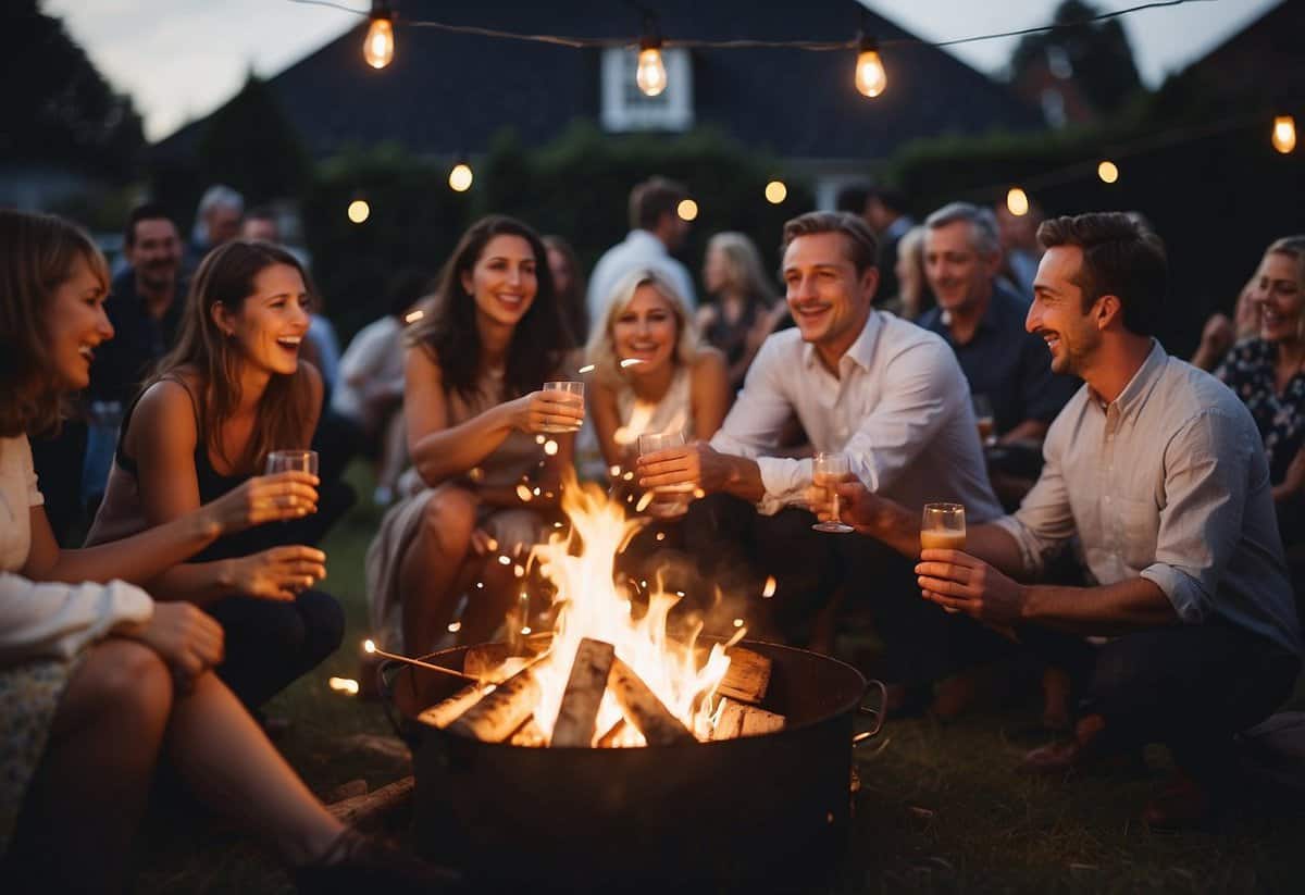 A roaring bonfire surrounded by guests toasting marshmallows at a 50th birthday garden party