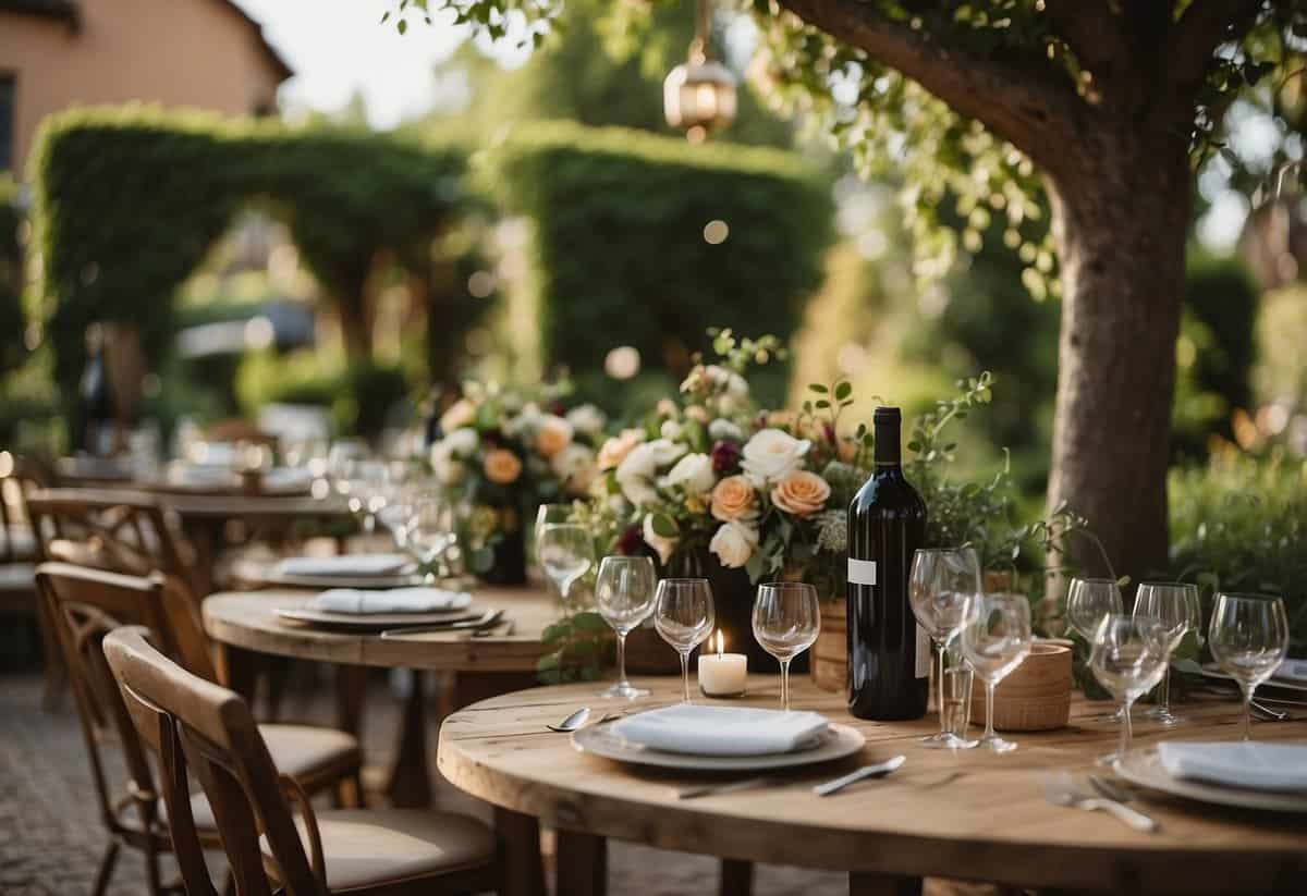 A garden filled with tables adorned with wine bottles, glasses, and floral centerpieces. Guests mingle, sipping wine and enjoying the lush surroundings