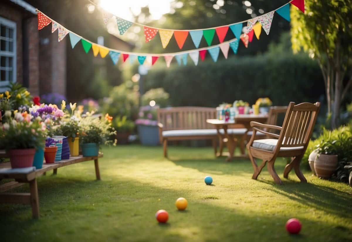 A lush garden setting with a croquet game in progress, surrounded by colorful bunting and a festive atmosphere for a 50th birthday celebration