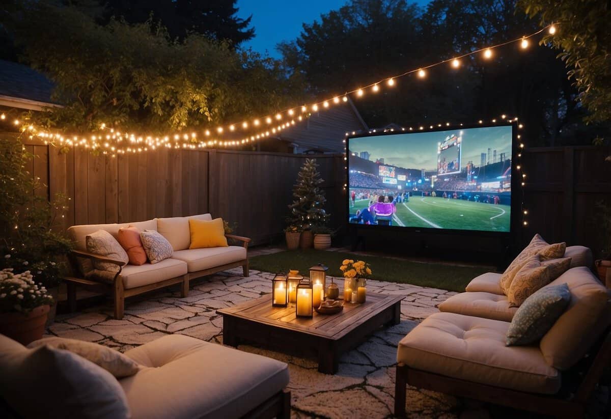 A backyard filled with twinkling string lights, colorful blankets, and cozy cushions. A large screen is set up for a movie, surrounded by popcorn, snacks, and excited 12-year-olds