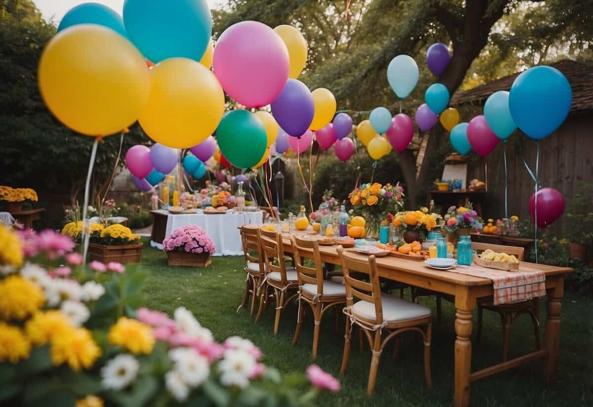 A colorful garden with hidden clues, scattered treasures, and excited 12-year-olds searching. Tables set with snacks and drinks, while balloons and streamers add to the festive atmosphere