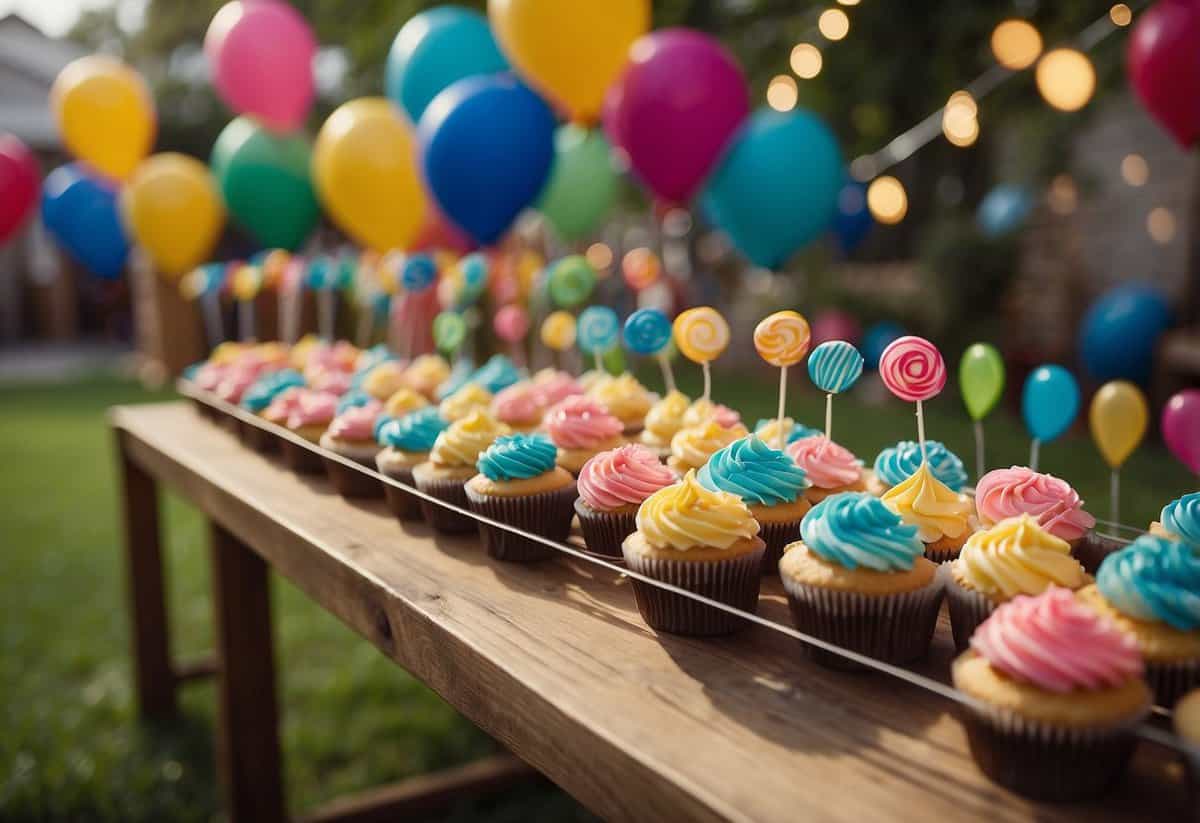 Colorful cupcakes on display, surrounded by tables filled with frosting, sprinkles, and edible decorations. Balloons and streamers add a festive touch to the garden party setting