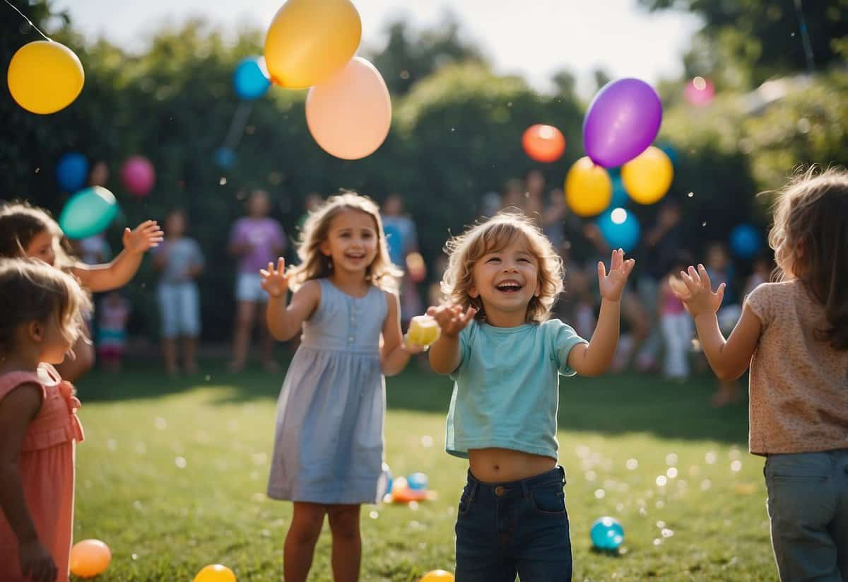 Kids throwing water balloons in a colorful garden, laughter and splashes fill the air. Tables with snacks and drinks, balloons and streamers decorate the space