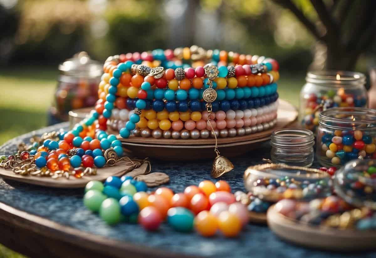 A craft table is filled with colorful beads and charms, set up for a garden party for 12-year-olds