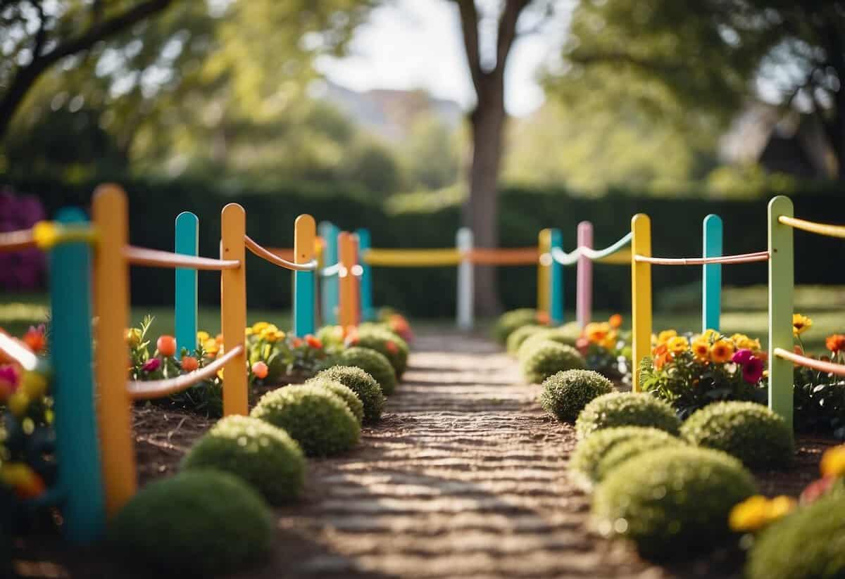 A colorful garden with small hurdles, tunnels, and balance beams set up for a fun obstacle course. Decorations and party favors add to the festive atmosphere