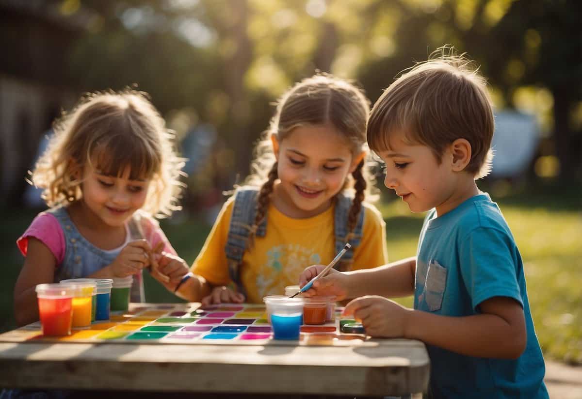 Children gather around a table with colorful paints and brushes. A variety of stencils and designs are displayed. The sun shines on the outdoor garden setting