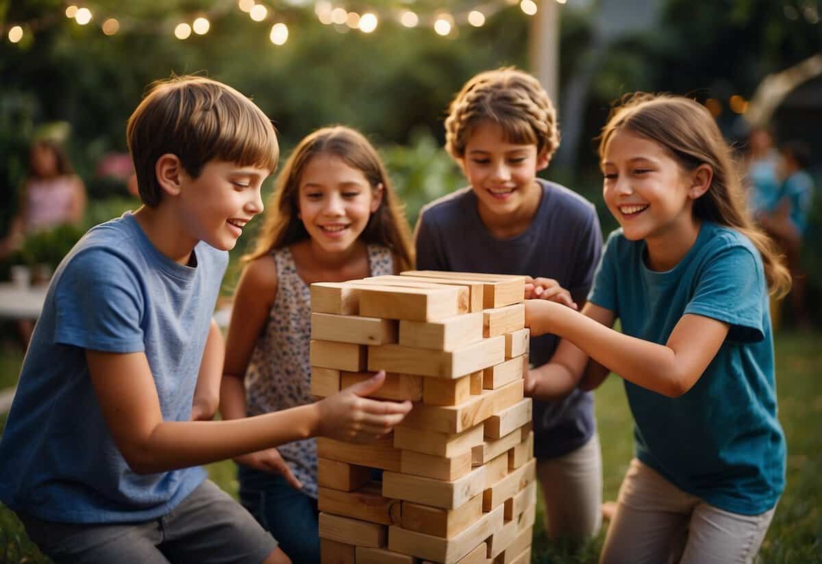 A group of 12-year-olds play Giant Jenga in a lush garden, surrounded by colorful flowers and twinkling fairy lights. Laughter fills the air as the towering blocks teeter and tumble