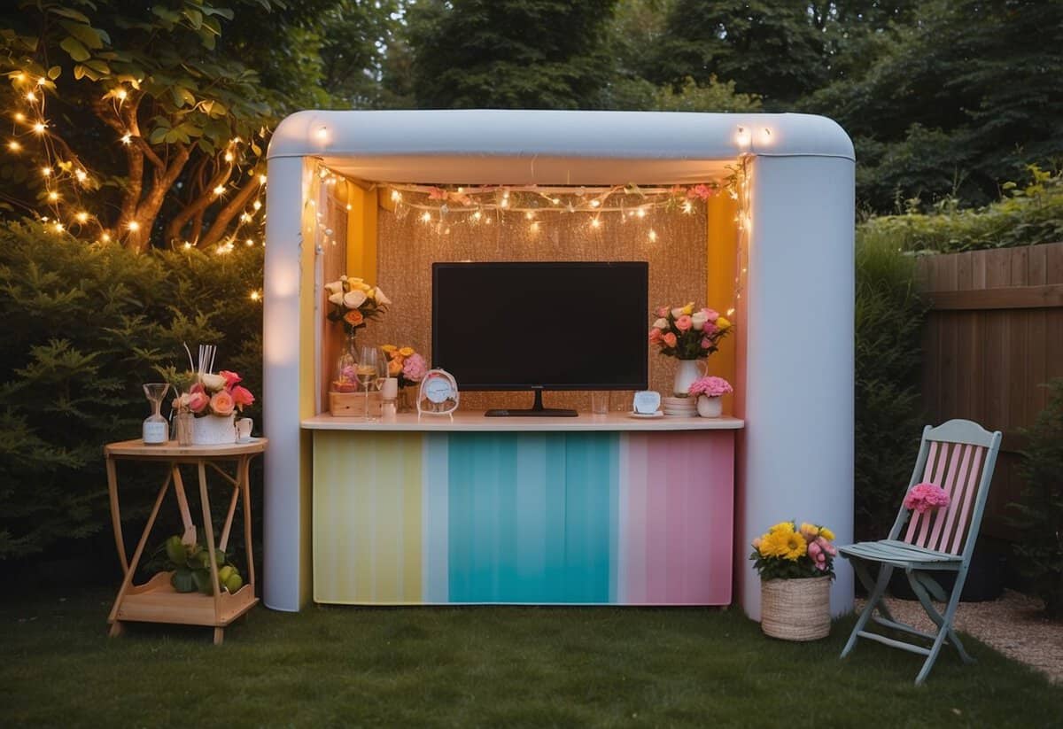 A photo booth set up with colorful props in a garden party for 12-year-olds. Decorated with flowers and fairy lights, creating a festive and playful atmosphere