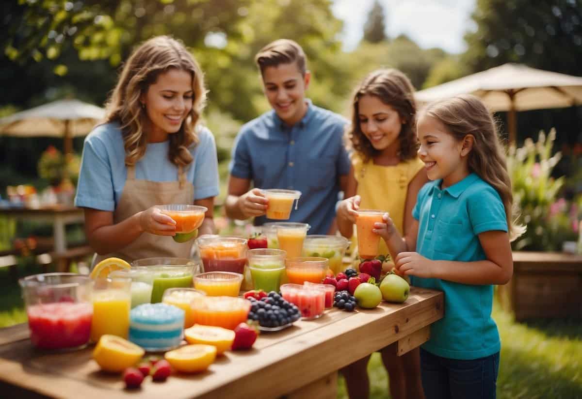 A colorful popsicle-making station with various fruit purees, molds, and toppings set up in a vibrant garden, surrounded by excited 12-year-olds enjoying a fun and creative outdoor party