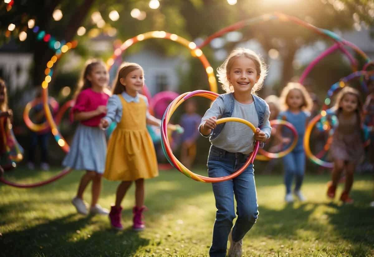 Children twirling hula hoops in a colorful garden, surrounded by festive decorations and a lively atmosphere