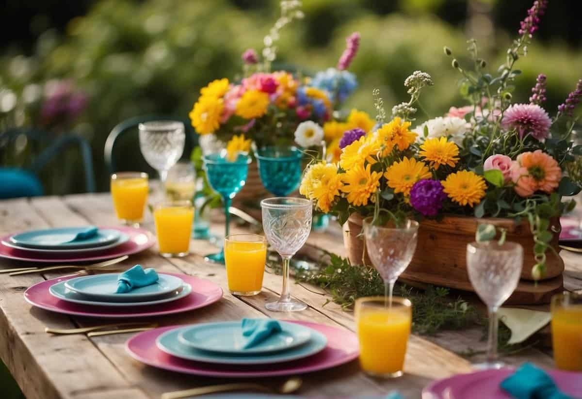 A colorful outdoor table is set with floral centerpieces and festive decorations. Games and activities are arranged around the garden, ready for a group of excited 12-year-olds to enjoy