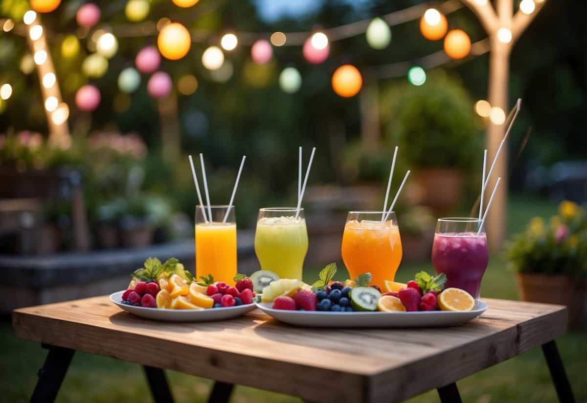 A colorful outdoor table set with a variety of finger foods, fruit skewers, and refreshing drinks. Decorative banners and fairy lights add a festive touch to the garden setting