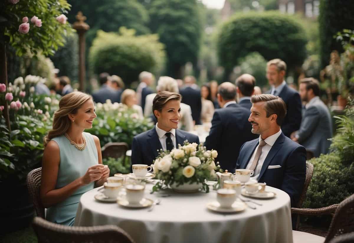 Lush garden with ornate tables, delicate floral arrangements, and guests in formal attire enjoying tea and conversation