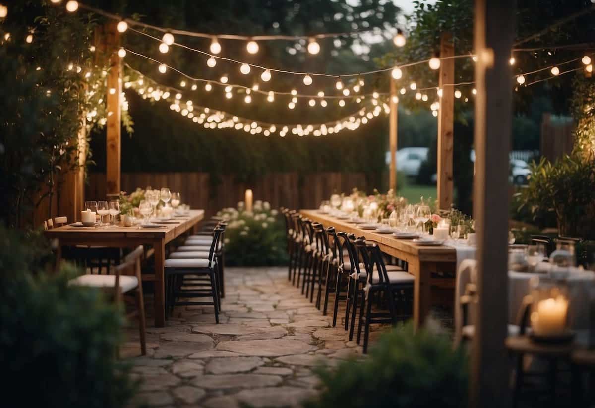 A garden adorned with chic string lights, creating an elegant and enchanting atmosphere for a sophisticated outdoor party