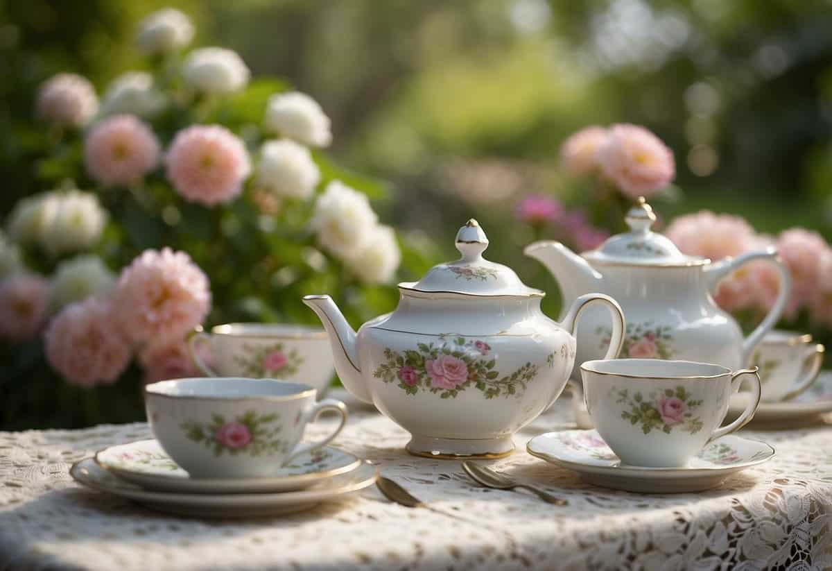 Vintage china plates arranged on a lace tablecloth in a lush garden setting with blooming flowers and a charming tea set nearby