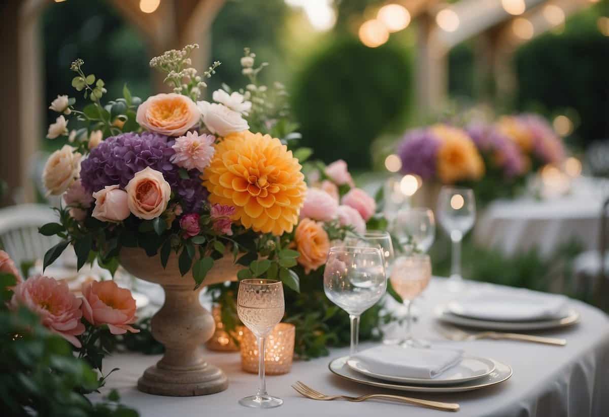 Lush, vibrant flowers arranged in elegant centerpieces adorn a garden party, creating a beautiful and inviting atmosphere