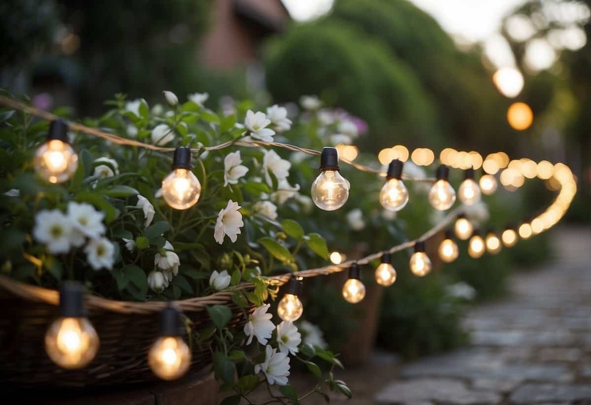 Lush garden setting with elegant place cards on ornate table. Twinkling string lights and blooming flowers create a magical ambiance