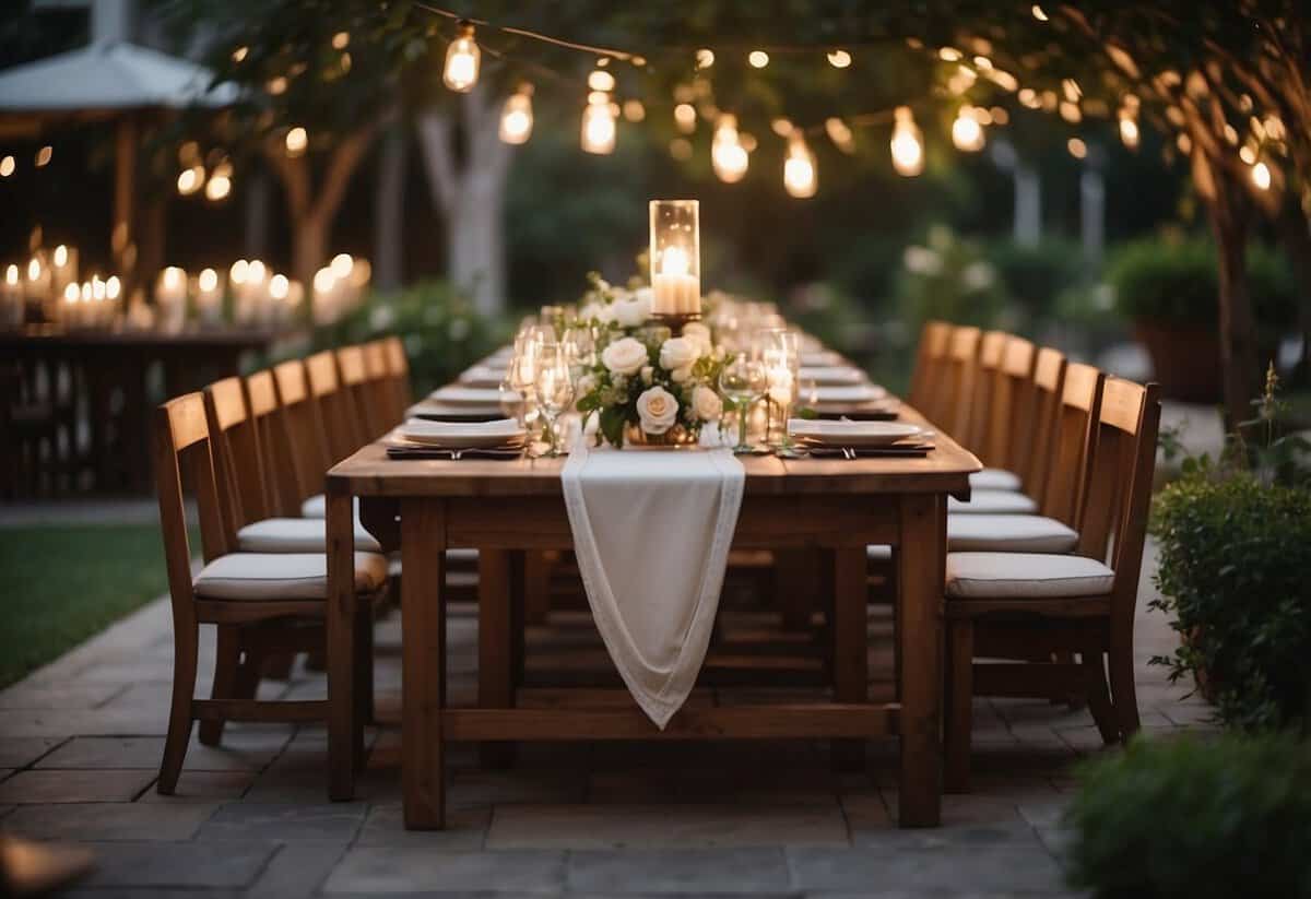 An elegant garden party with antique teak furniture, adorned with delicate floral arrangements and soft candlelight