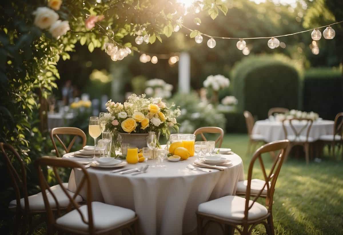 An elegant garden party with a lemonade stand adorned with fresh flowers, delicate table settings, and guests mingling in a lush, sunlit garden