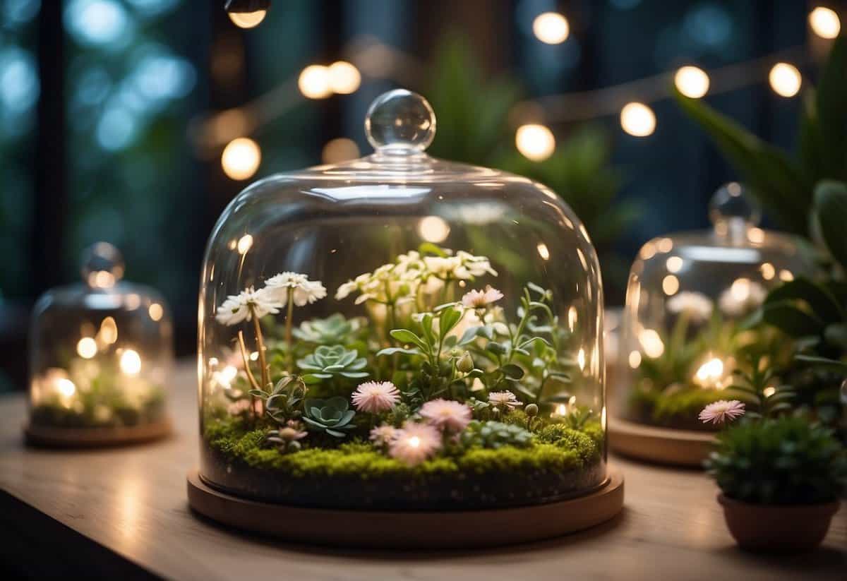 A lush terrarium garden with twinkling fairy lights, delicate flowers, and dainty furniture set for an elegant garden party