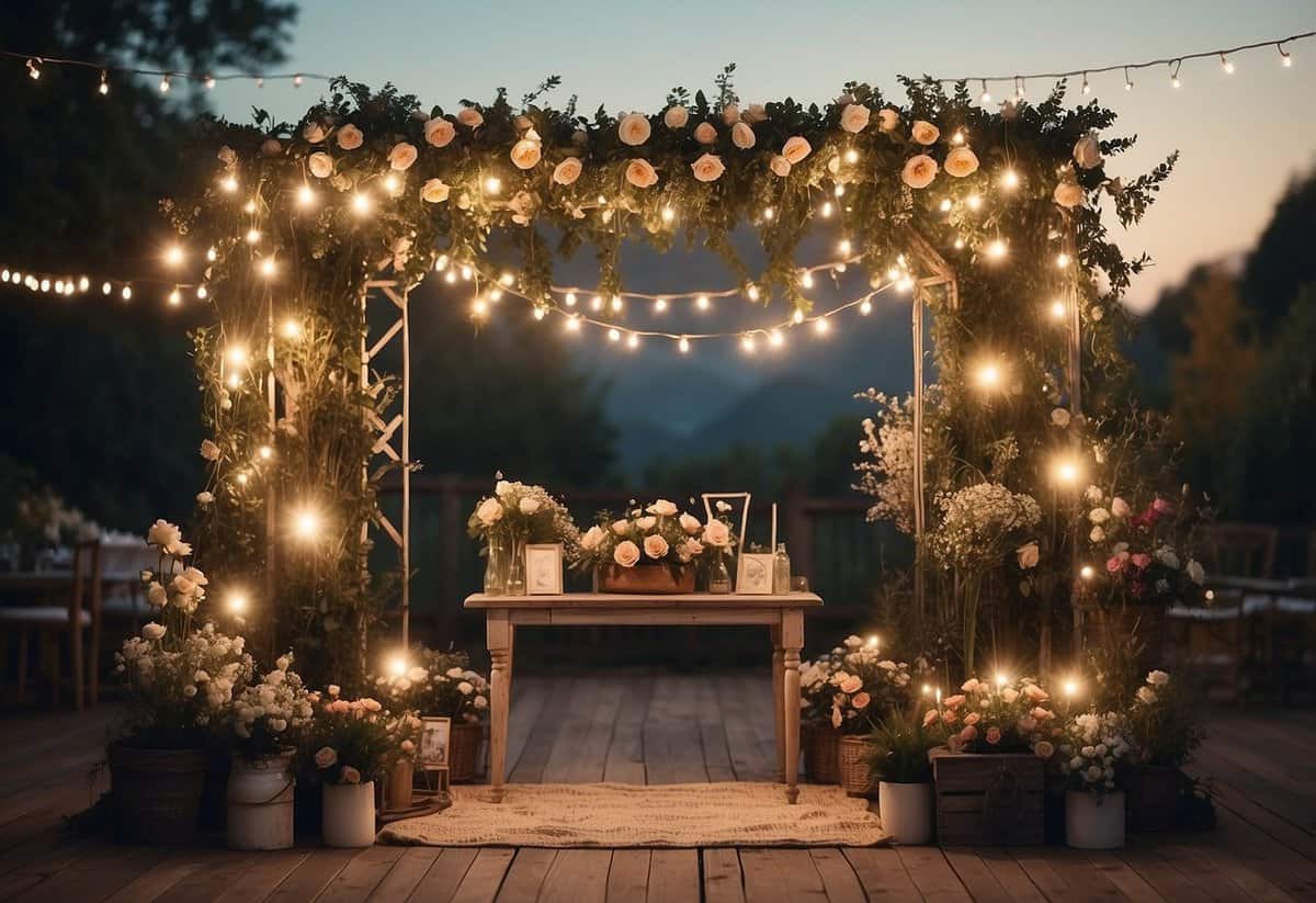 A charming garden-themed photo booth with floral backdrops, vintage props, and twinkling string lights