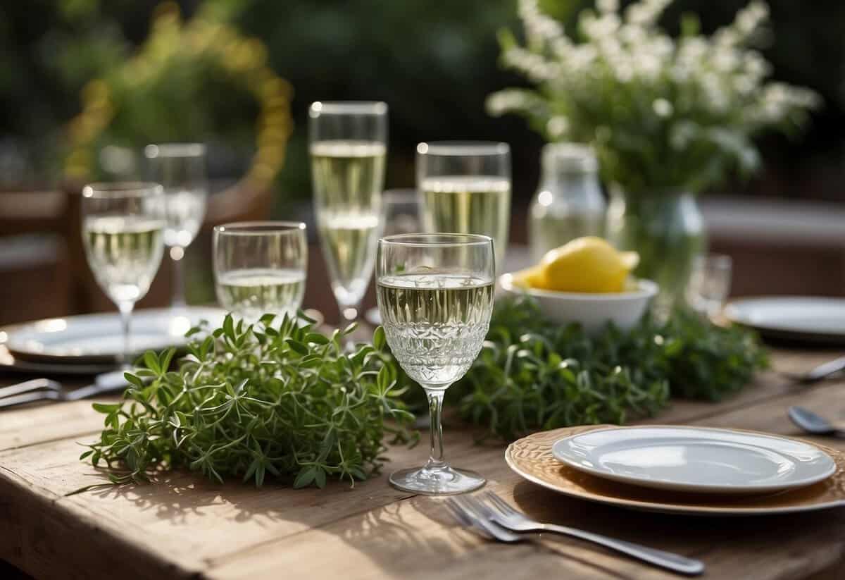 A table adorned with fresh herbs and pitchers of water at a sophisticated garden party