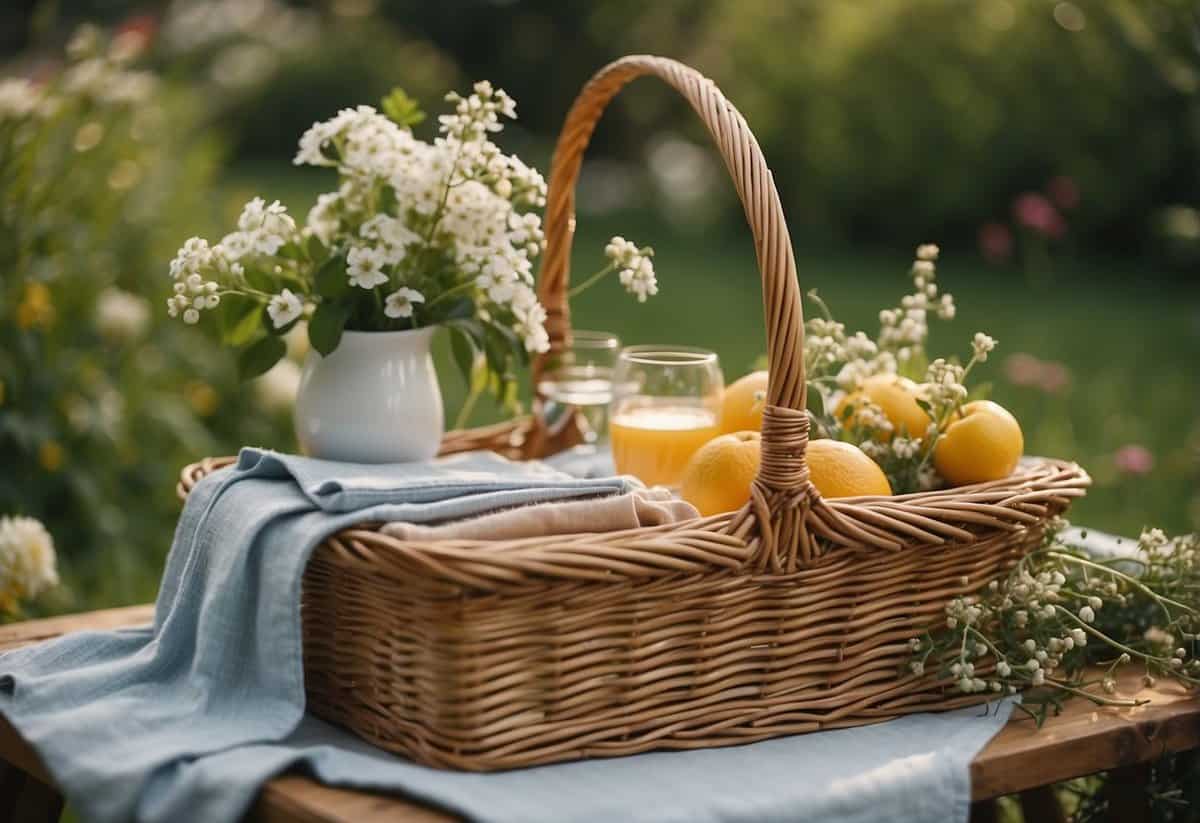 An elegant garden setting with a beautifully arranged picnic basket, surrounded by lush greenery and blooming flowers