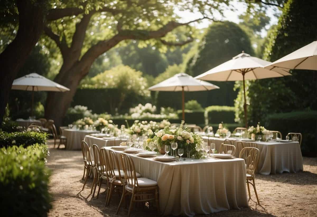 A lush garden with winding pathways, blooming flowers, and a charming gazebo sets the scene for an elegant garden party. Tables adorned with delicate linens and sparkling glassware are arranged under the dappled shade of towering trees