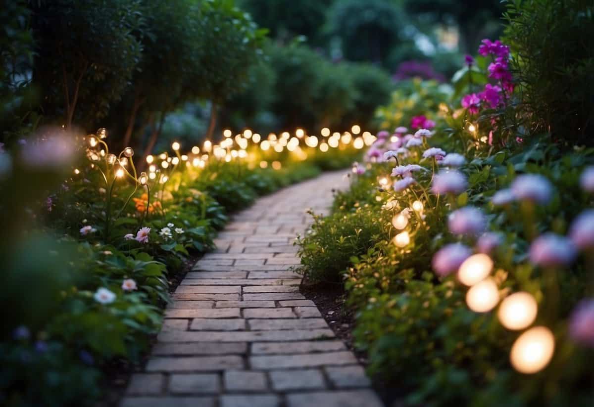 A winding pathway lit by twinkling fairy lights, leading through a lush garden with colorful flowers and greenery