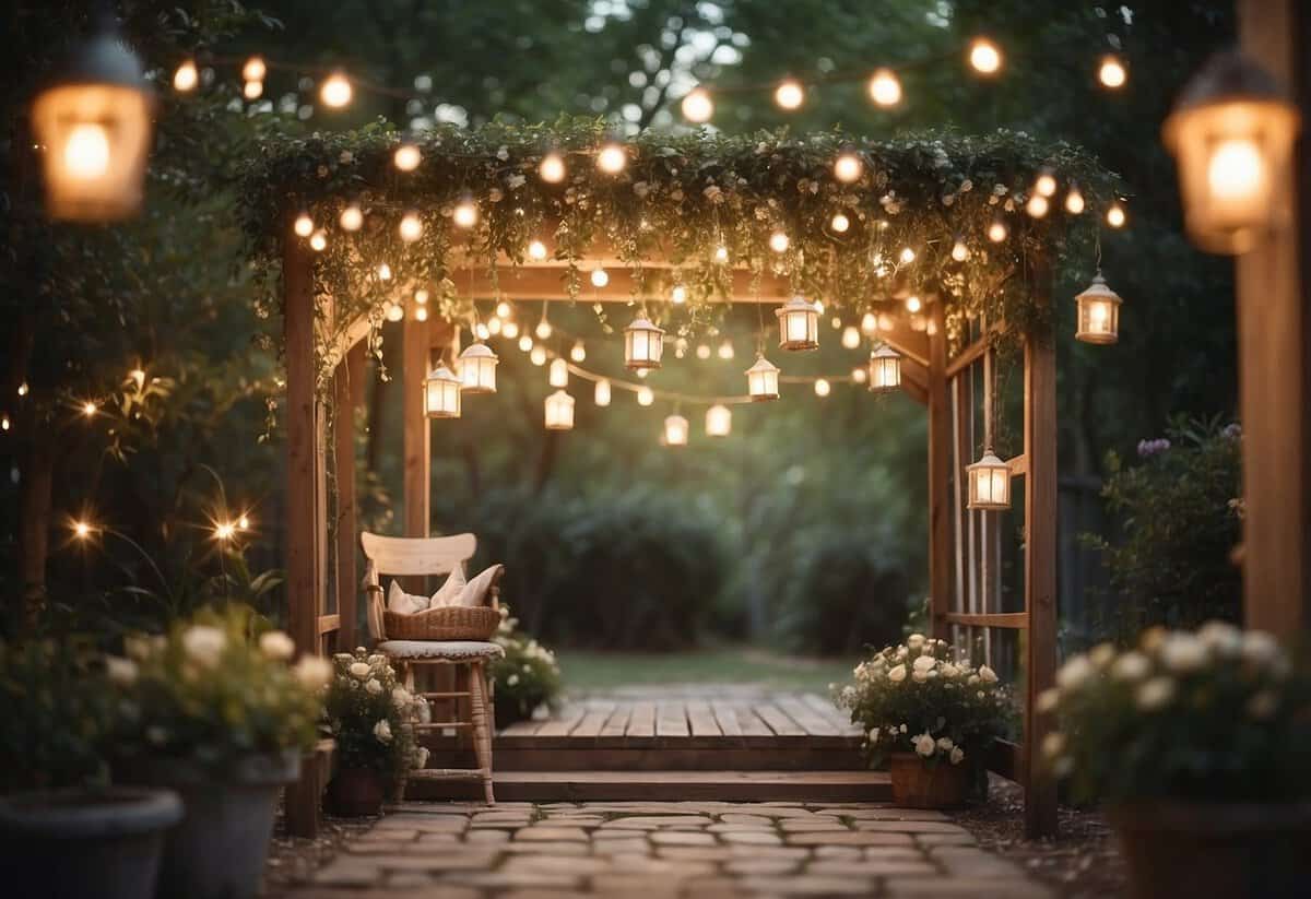 A garden photo booth with fairy lights, vintage frames, and floral backdrops. Twinkling lanterns hang from the trees, creating a magical atmosphere