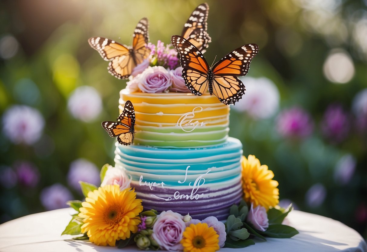 A colorful tiered cake with "Sweet 16" written on top surrounded by flowers and butterflies at a garden party