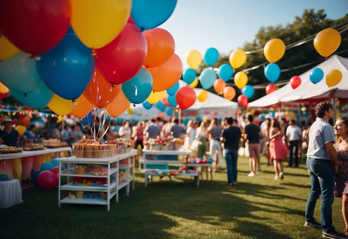 A colorful carnival games corner at a sweet 16 garden party with balloons, prizes, and happy guests