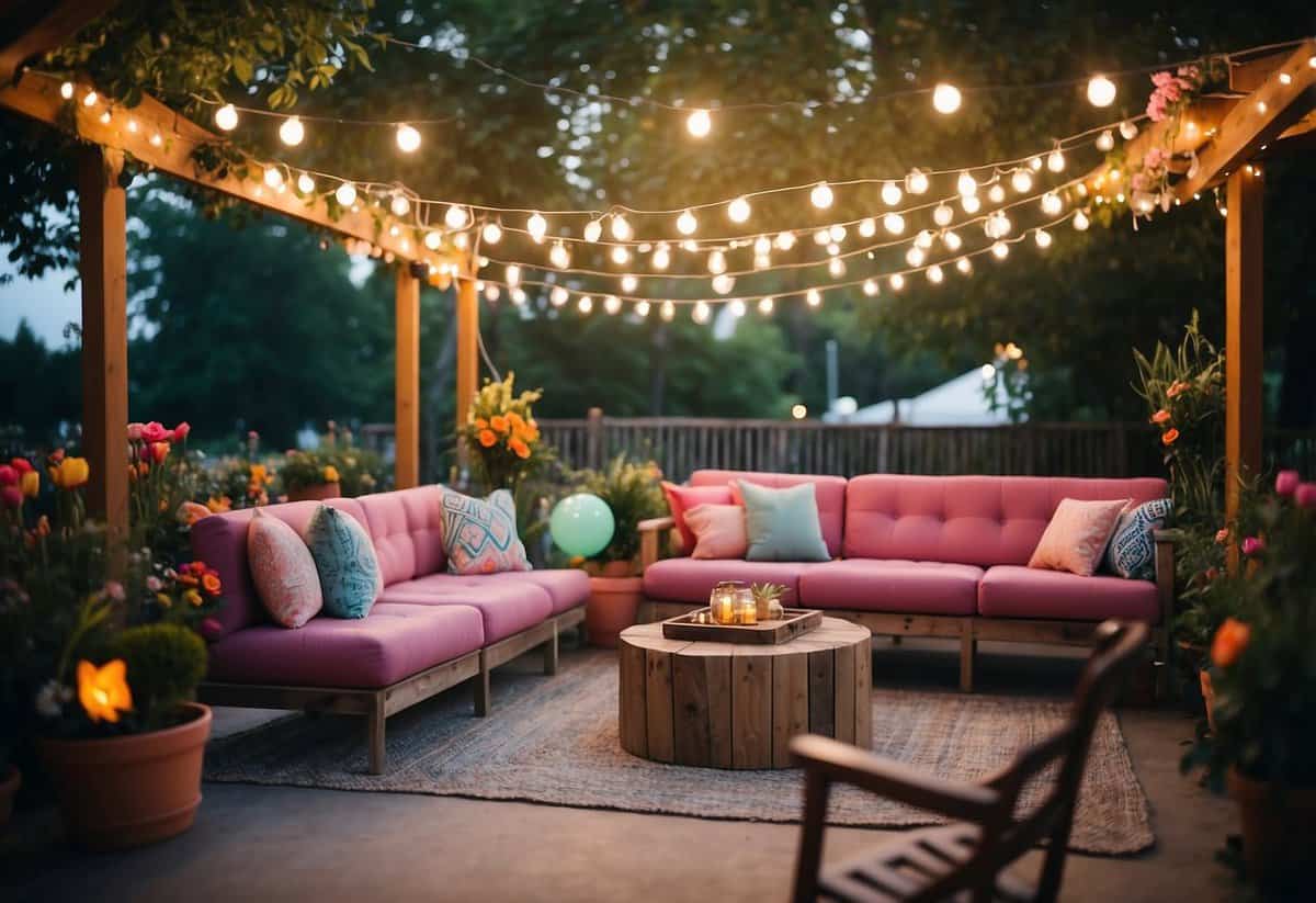 A colorful tented lounge area with string lights, cozy seating, and vibrant floral decorations, creating a whimsical and inviting atmosphere for a sweet 16 garden party