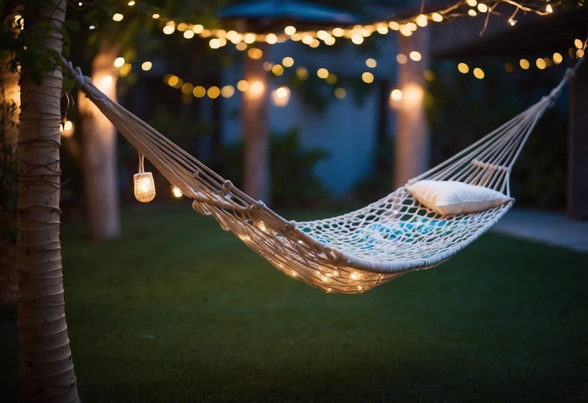 A hammock gently sways in a lush garden, adorned with twinkling lights and colorful streamers for a sweet 16 party