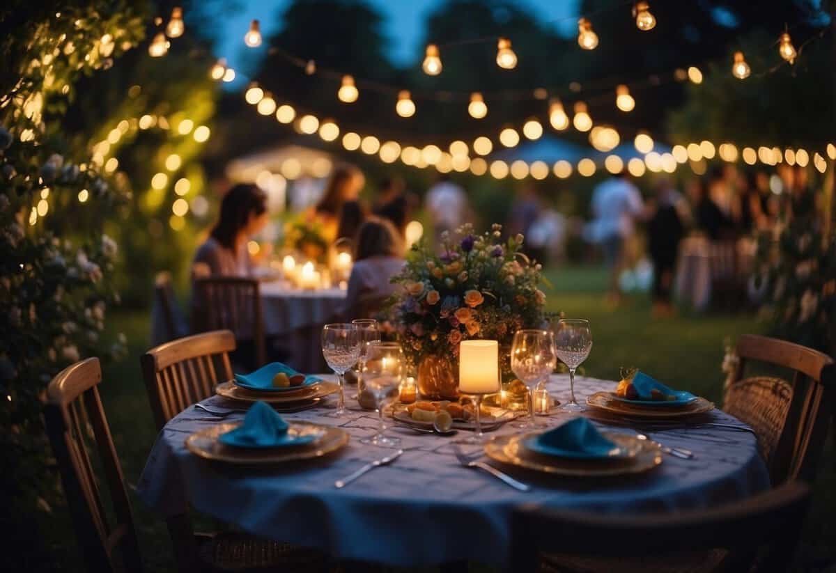 A garden adorned with glowing lights and neon decorations, a table set with vibrant treats and drinks, and guests mingling under the starry night sky