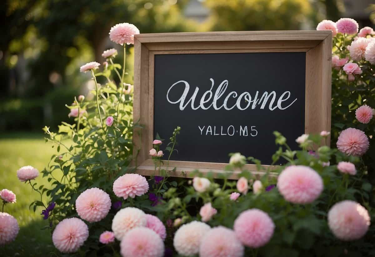 A chalkboard sign reads "Welcome" surrounded by flowers and vines in a garden setting for a sweet 16 party