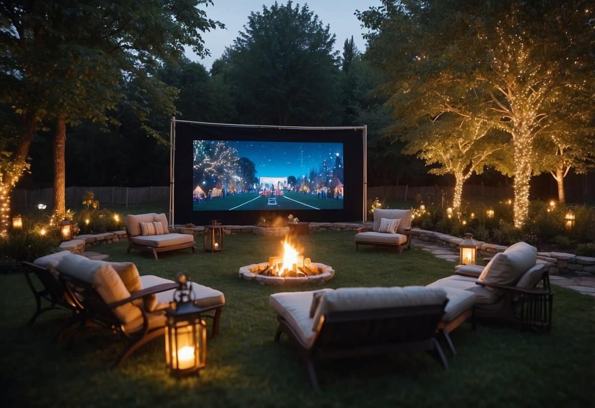 A large garden with twinkling lights and a big screen set up for an outdoor movie screening. Comfortable seating and colorful decorations create a festive atmosphere