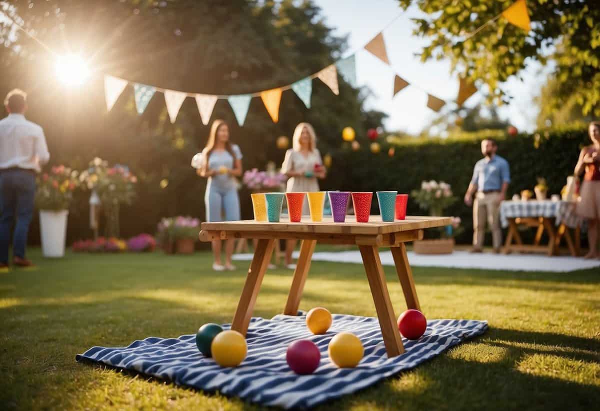 A garden party with lawn games set up, including croquet, bocce ball, and cornhole. Decorated with string lights and colorful banners