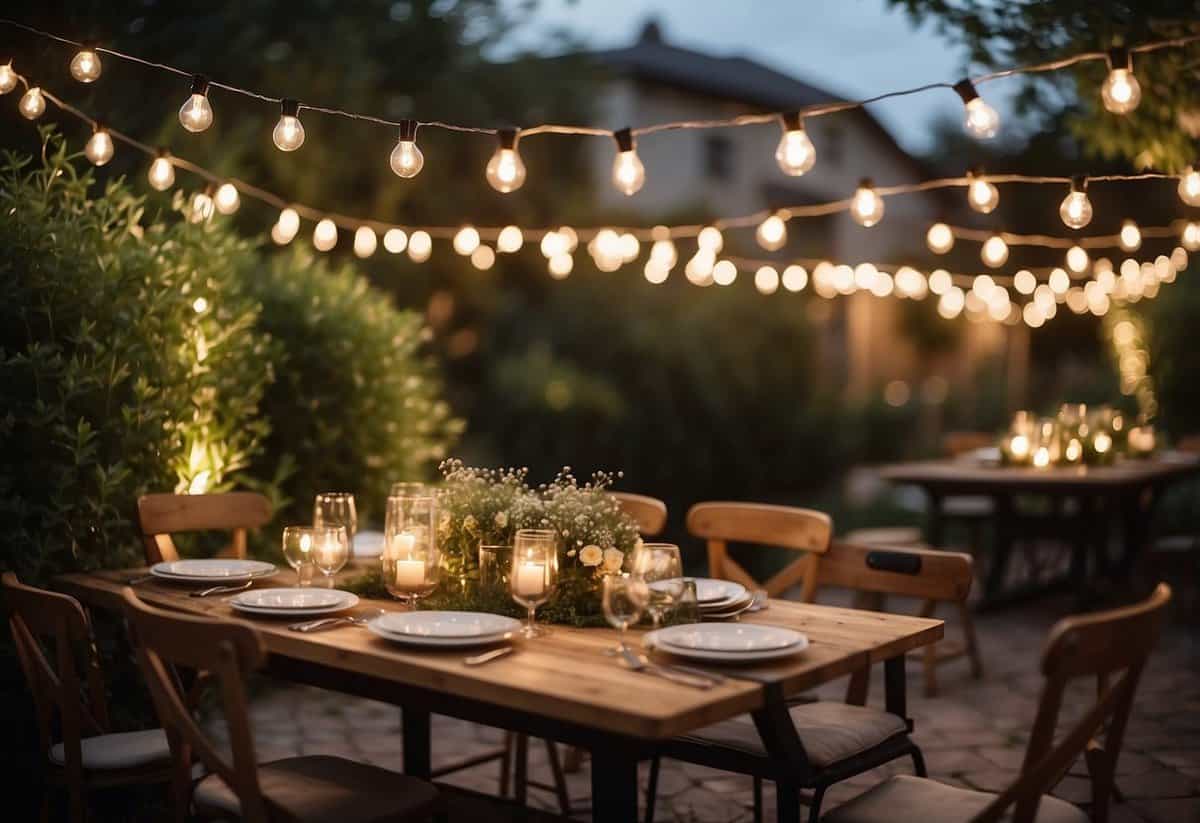 A garden adorned with bistro string lights, creating a warm and inviting atmosphere for a sweet 16 party