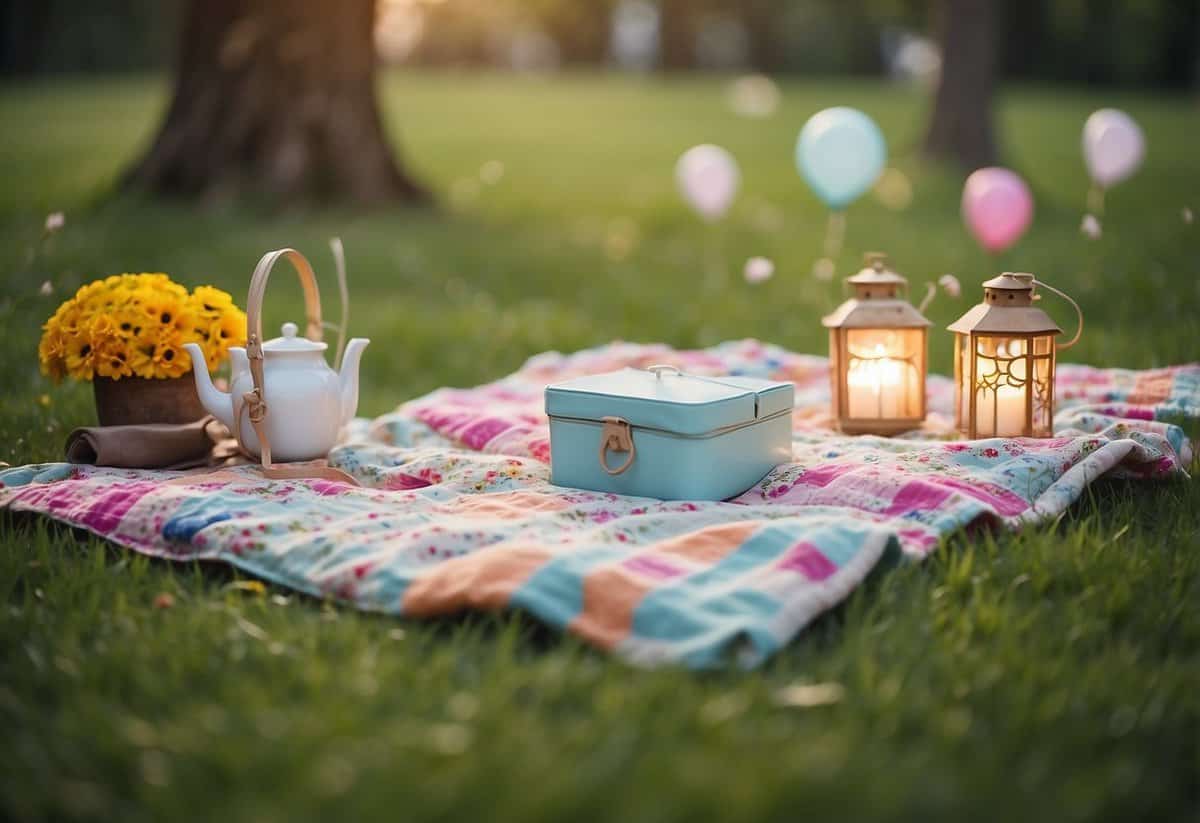 A colorful picnic blanket spread out on lush green grass, surrounded by blooming flowers and decorative lanterns for a sweet 16 garden party