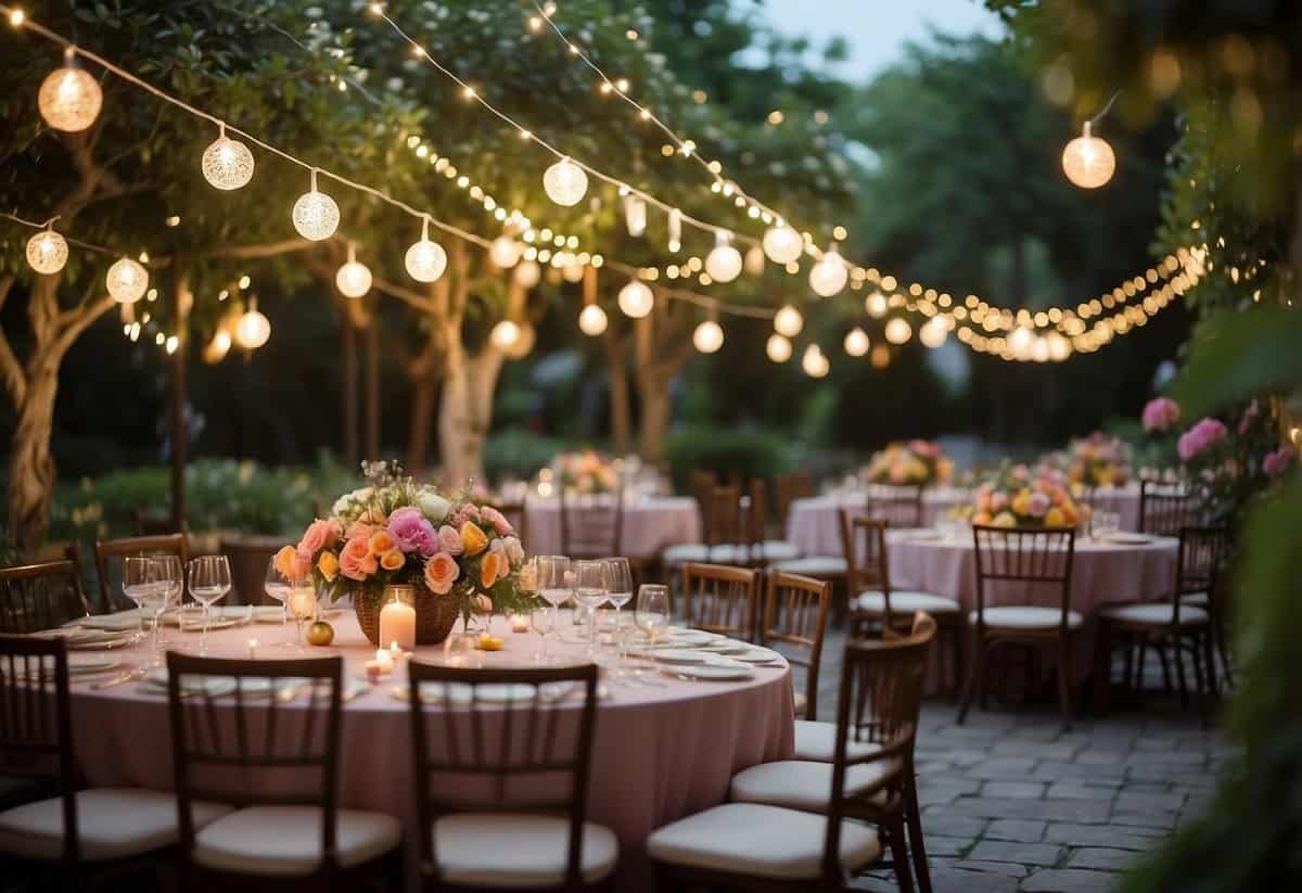 A lush garden with colorful flowers and twinkling fairy lights, surrounded by elegant tables and chairs, set for a sweet 16 celebration