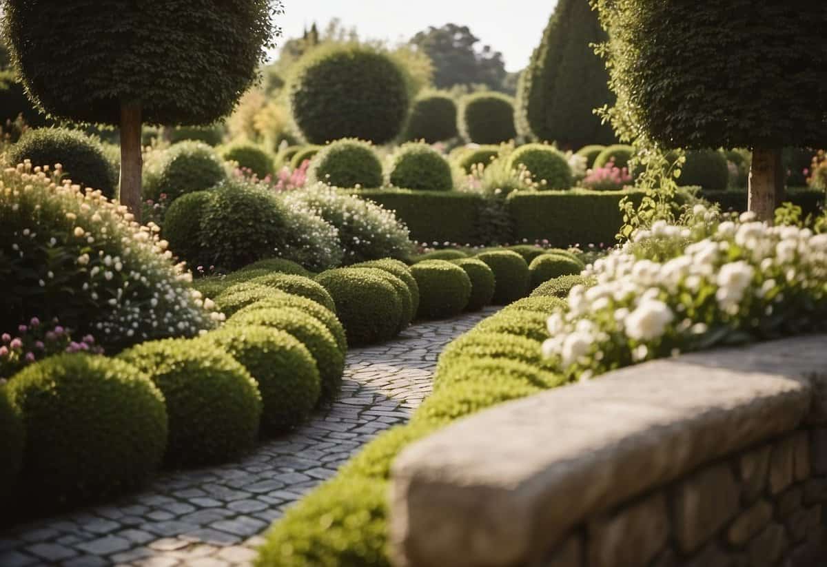 Lush flowers bloom in raised beds, surrounded by neatly trimmed hedges and a winding stone path. Elegant garden furniture invites relaxation