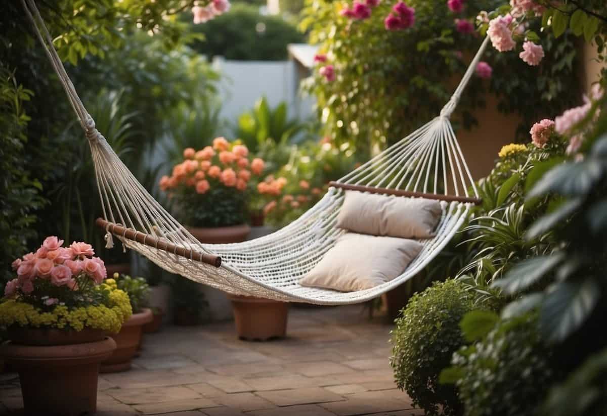 A hammock hangs between two lush garden corners, surrounded by elegant floral arrangements and decorative features