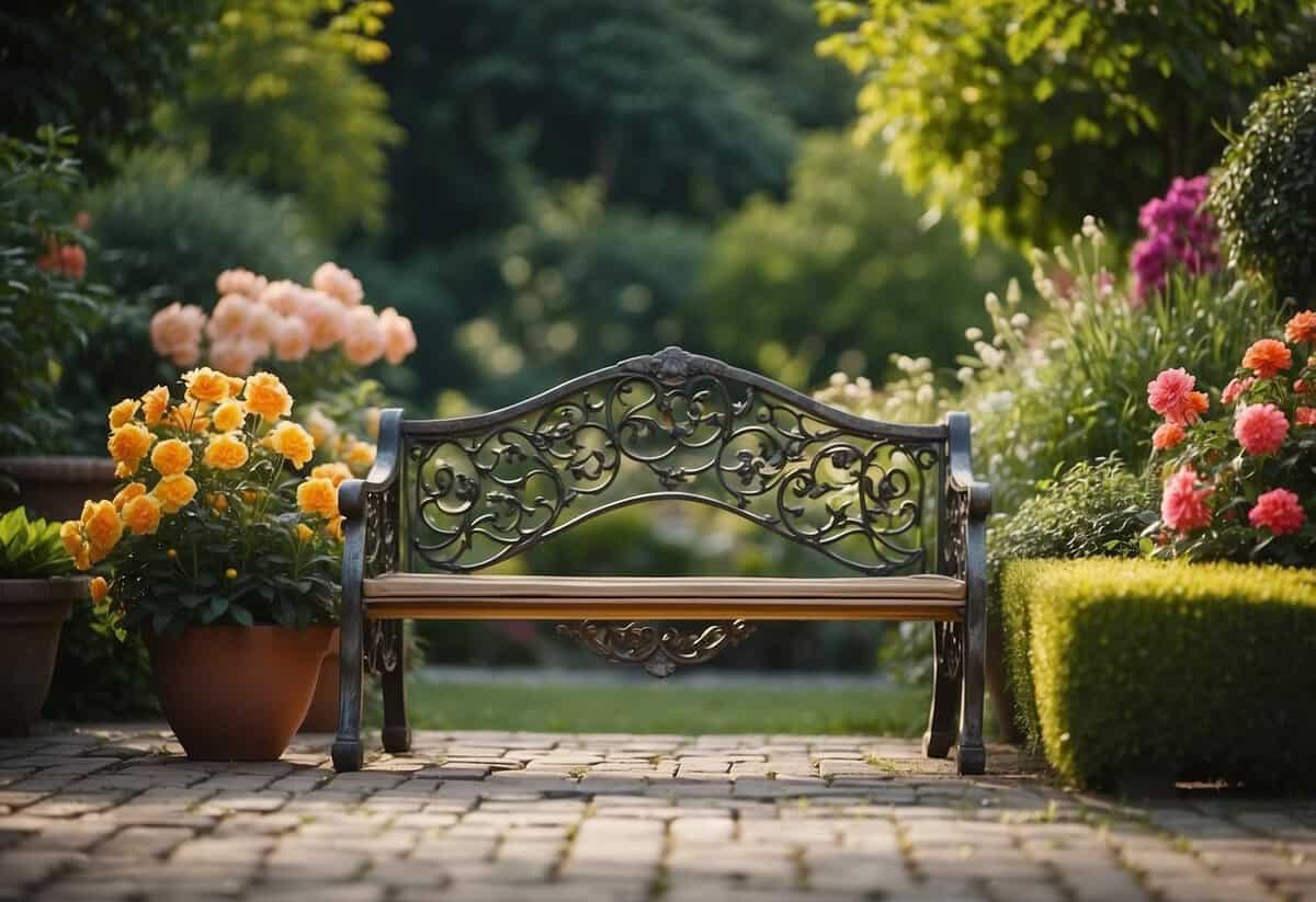 The ornate garden benches are surrounded by lush greenery and colorful flowers, creating an elegant and tranquil atmosphere