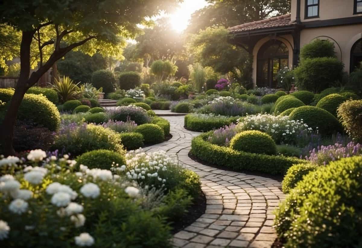 A serene garden with winding pathways, lush greenery, and elegant floral arrangements, all surrounded by a tasteful combination of hardscaping and softscaping elements