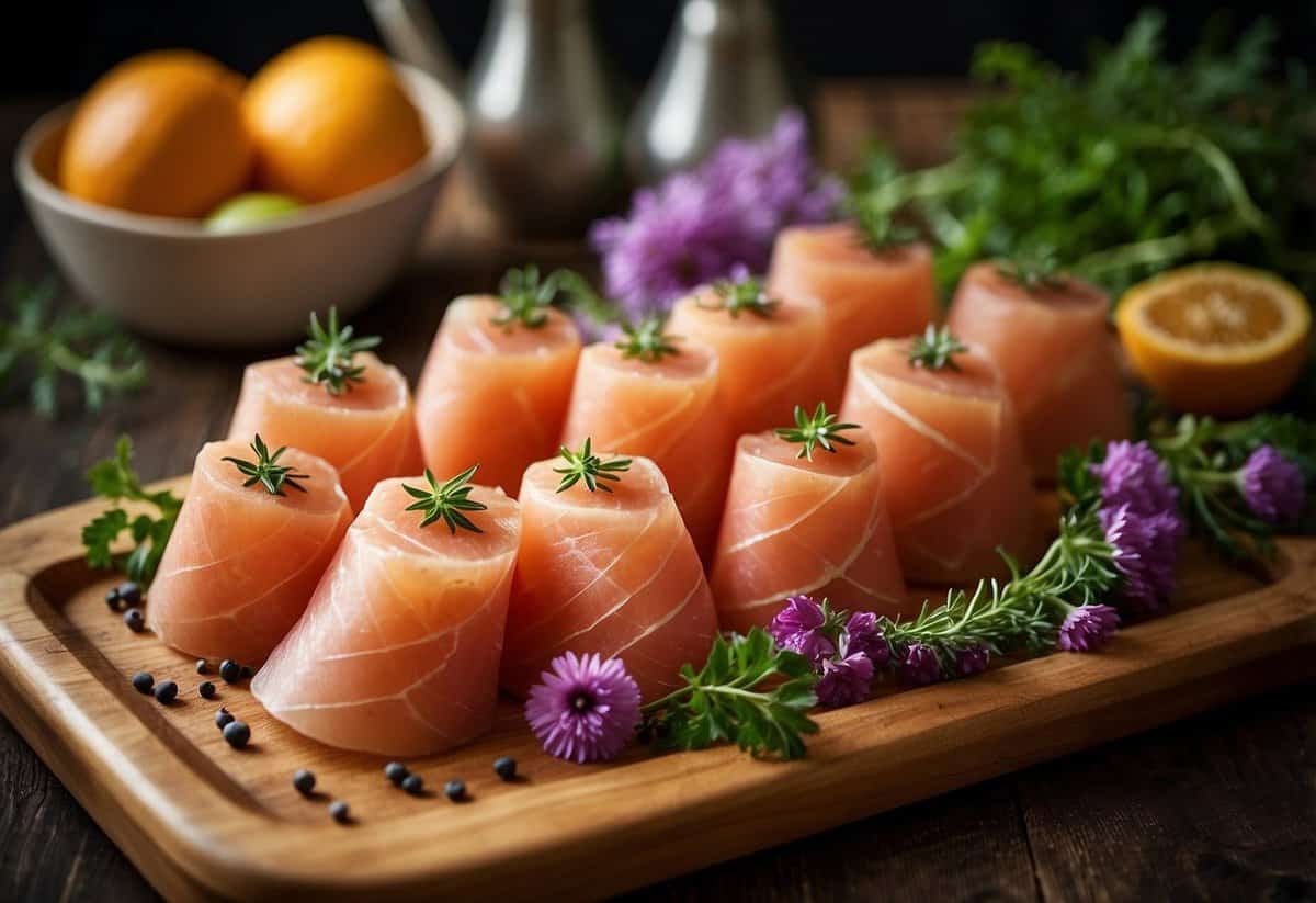 Prosciutto-wrapped melon slices arranged on a wooden platter with fresh herbs and a sprinkle of black pepper, surrounded by colorful flowers and greenery