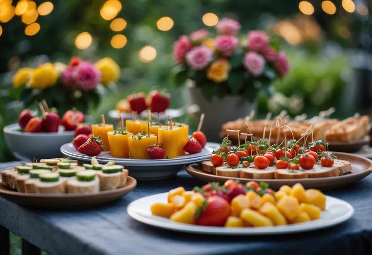 The garden is adorned with colorful tables, displaying an array of appetizers such as fruit skewers, cheese platters, and bruschetta. Flowers and twinkling lights add a whimsical touch to the scene